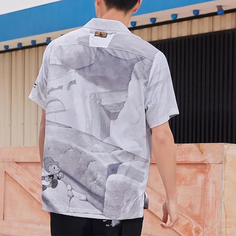Li-Ning X Disney Pinocchio Collection Cartoon Print Casual Short Sleeve Shirt Men Tops White Sand Gray ASHS431-1