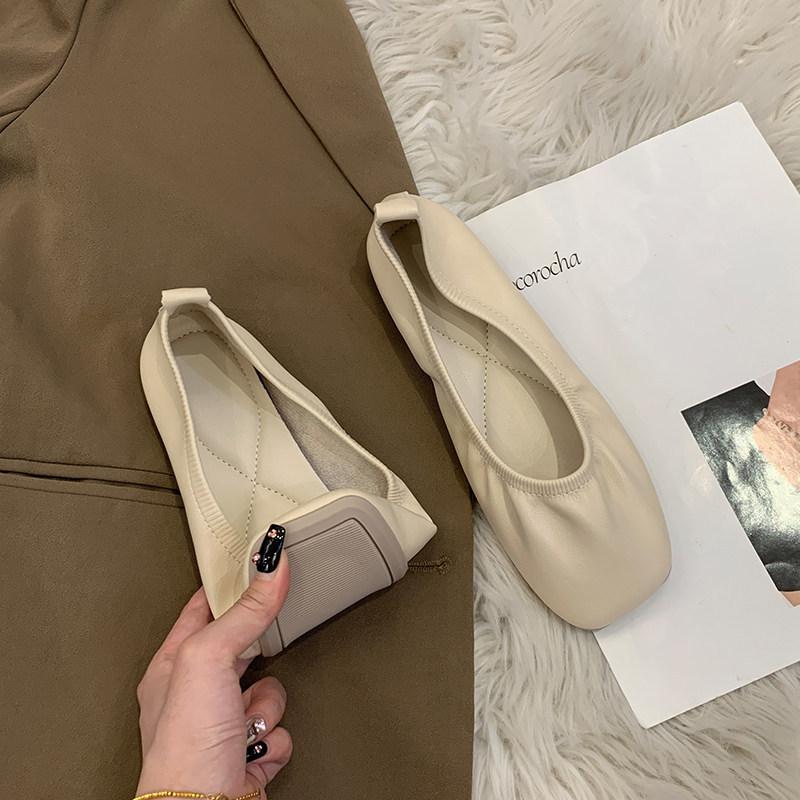 Women Soft Leather Ballet Flats Comfortable Square Toe Slip Shoes Street Style Ladies Casual Daily Wear Dress Loafers Shoes