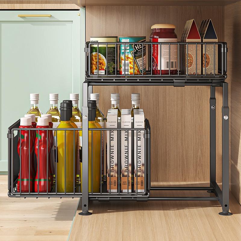 Under Sink Organizer | 2-Tier Carbon Steel Pull-Out Cabinet Storage Rack | Sliding Drawer for Kitchen & Bathroom