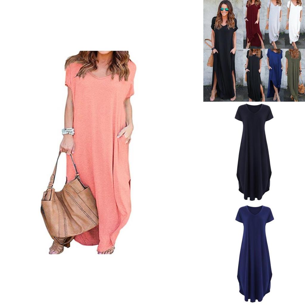 Polyester Vneck Pocket Split Long Dress For Casual Summer Wear