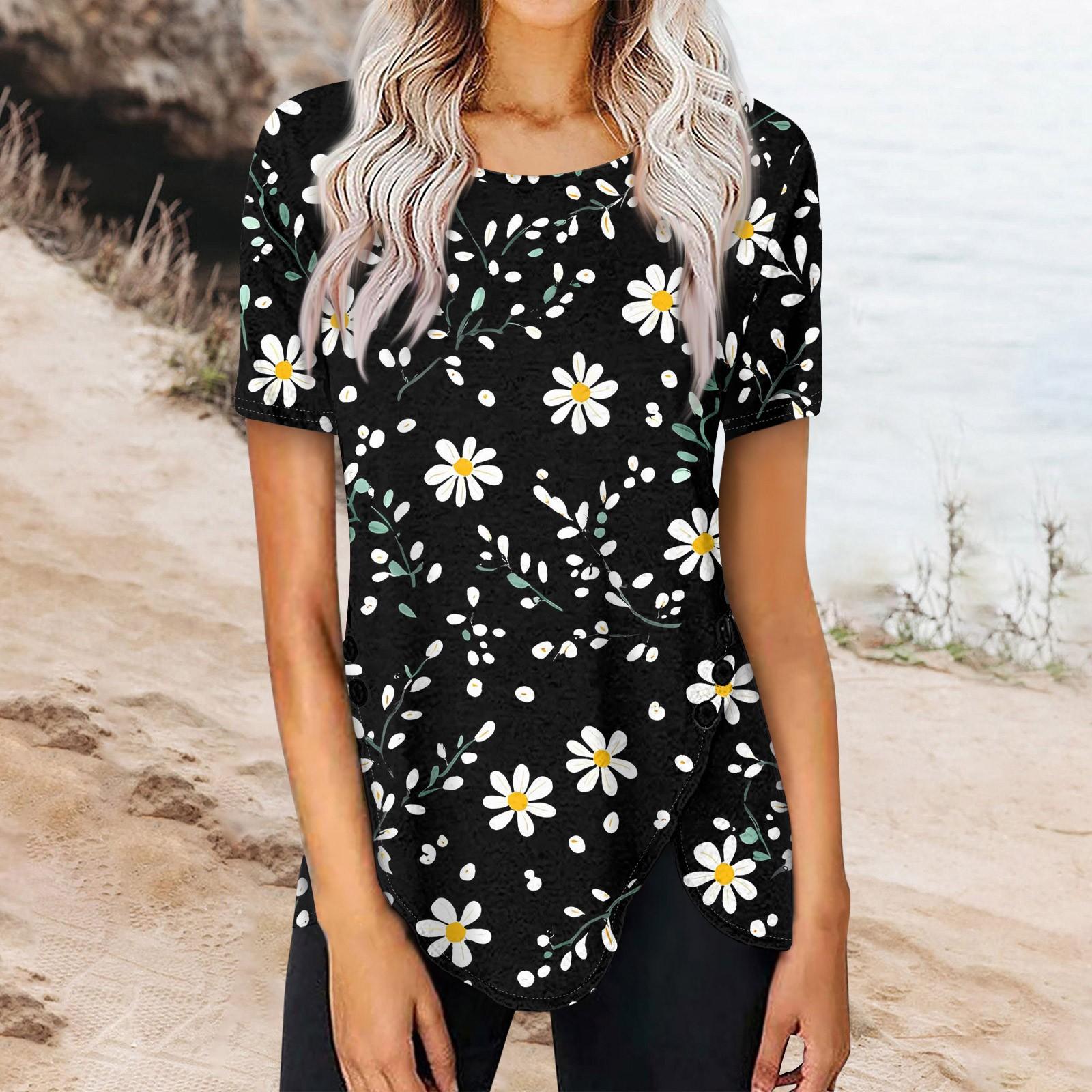 

Женская мода повседневная блузка с коротким рукавом и круглым вырезом с принтом на пуговицах сбоку XXL чёрный