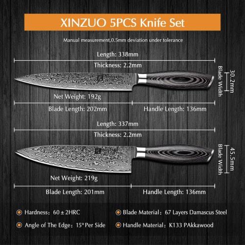XINZUO 5-Piece Kitchen Knife Set, Damascus Steel, High Carbon Steel Chef Knife, Slicing Knife, Santoku Knife, Utility Knife, Paring Knife Set, Pakkawo