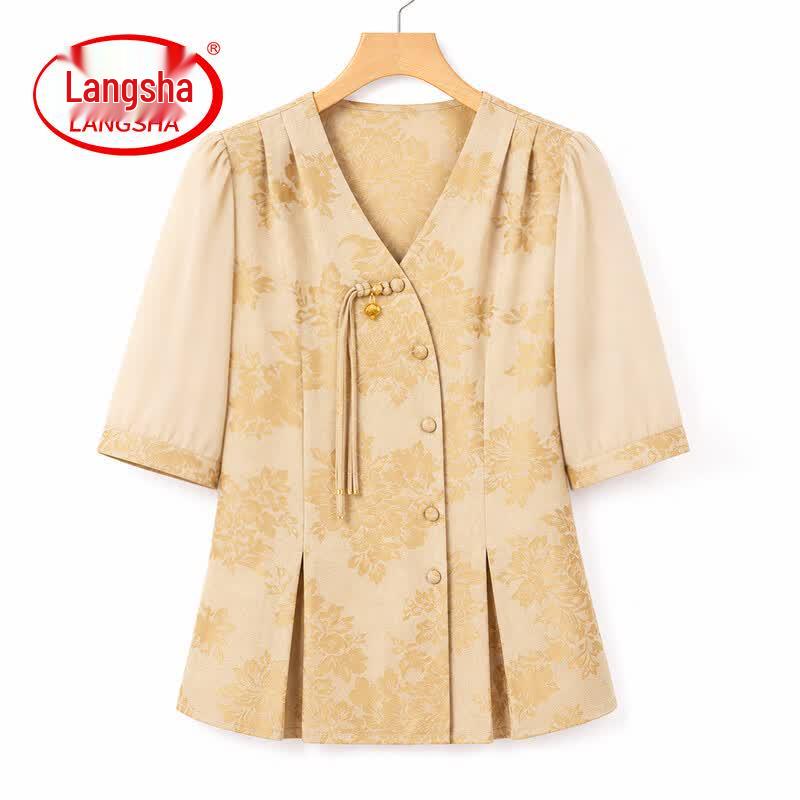 Langsasa Women s New Chinese Style Short Sleeve Summer Blouse XL