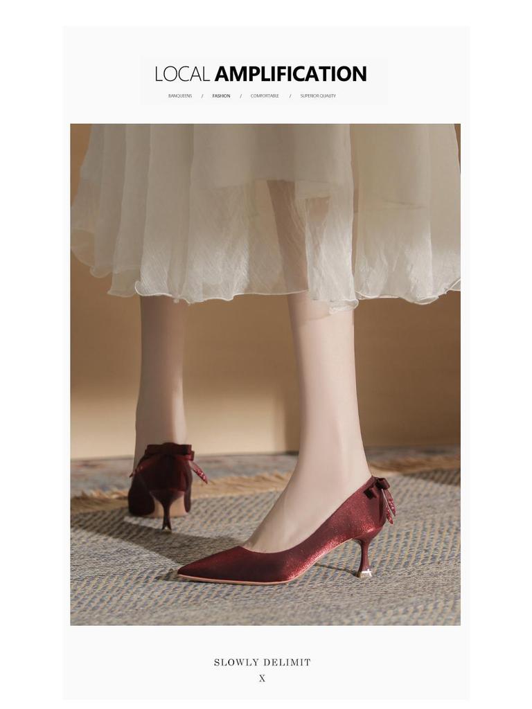 Women's High Heel Bow Shoes - Wine Red/Black (Autumn/Winter Collection)