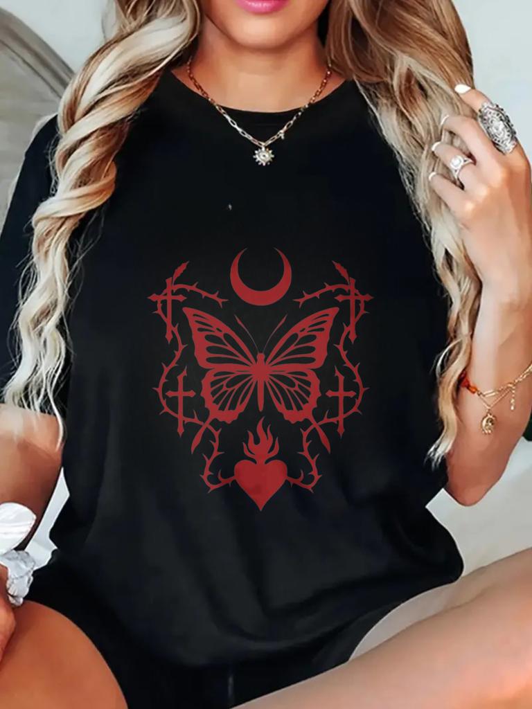 Black Oversized T Shirt With Red Butterfly Moon And Heart Print For Casual Wear