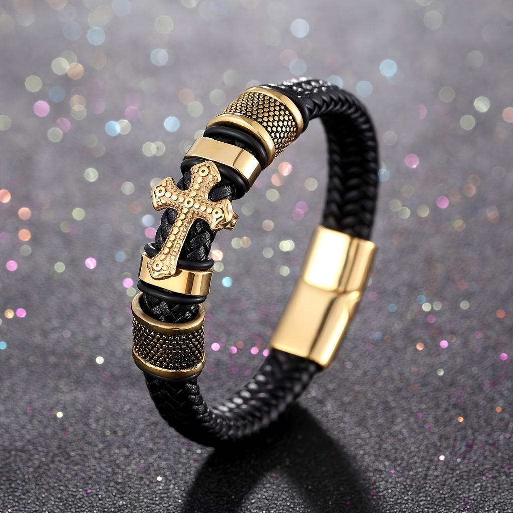 1Bohemian faux leather men's bracelet Vintage Stainless Steel Engraved Cross Holiday Bracelet Unique religious faith bracelet Fashion Jewelry