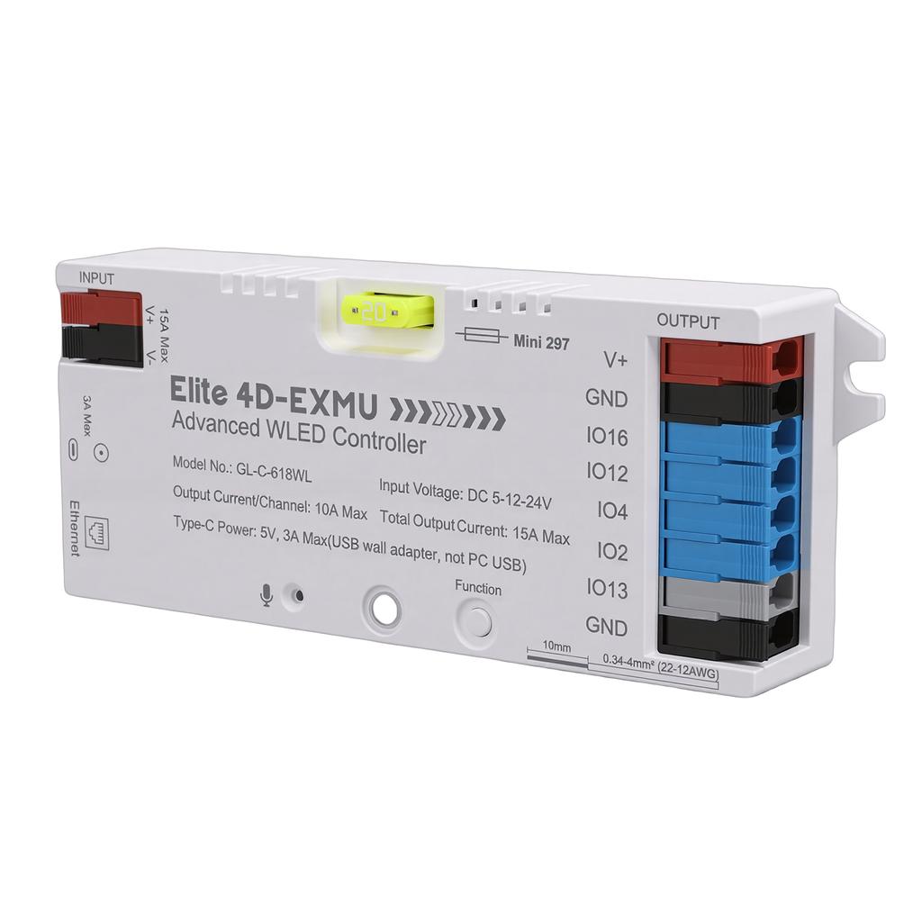 WLED LED Strip Light Controller 4 Output with Ethernet Microphone UART Energy Saving Relay 20A Pluggable Fuse Dynamic