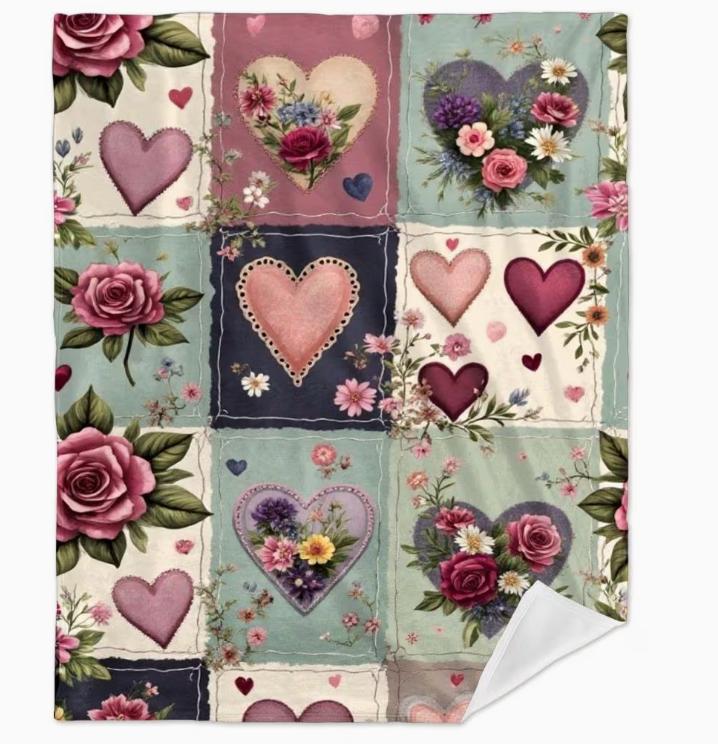 Vintage Floral Heart Rose Flannel Blanket Soft Throw Patchwork Style Cozy Bed Sofa Cover for Valentine Home Decor Blanket
