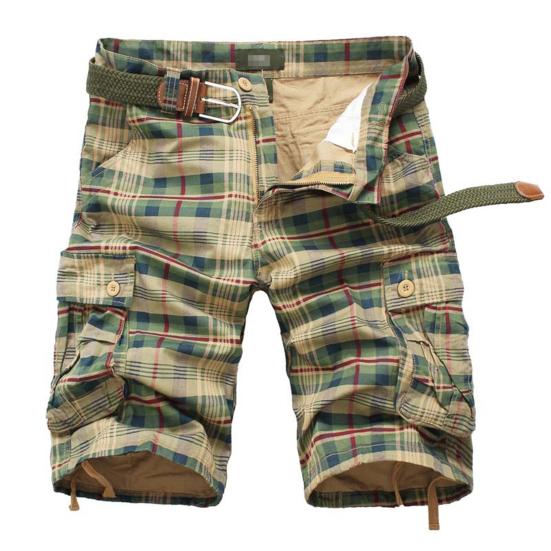 

Men Shorts Plaid Print Mid Waist Knee Length Multi Pockets Zipper Button Closure 31 жовтий
