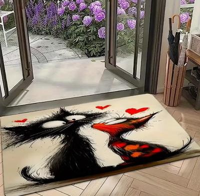 Fantasy Schwarz und Rote Katze Liebe Fußmatte Valentinstag Bodenmatte mit Cartoon Katze Eingang Küche Vordertür Dekor Matte Lustige Matte