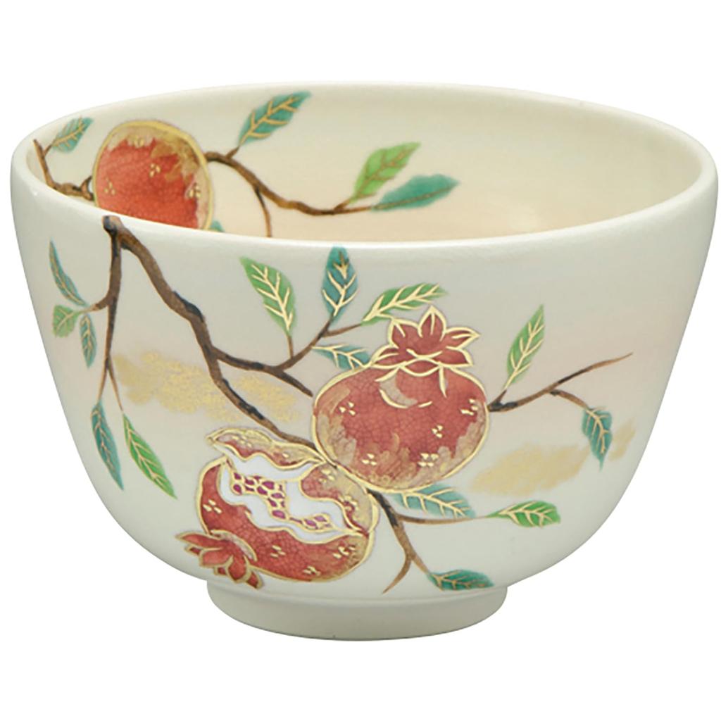 Kyoto-yaki Kiyomizu-yaki Matcha Bowl, Tea Ceremony Bowl, Approx. 12cm, Pomegranate Design, Red, Made in Japan, TZZ628