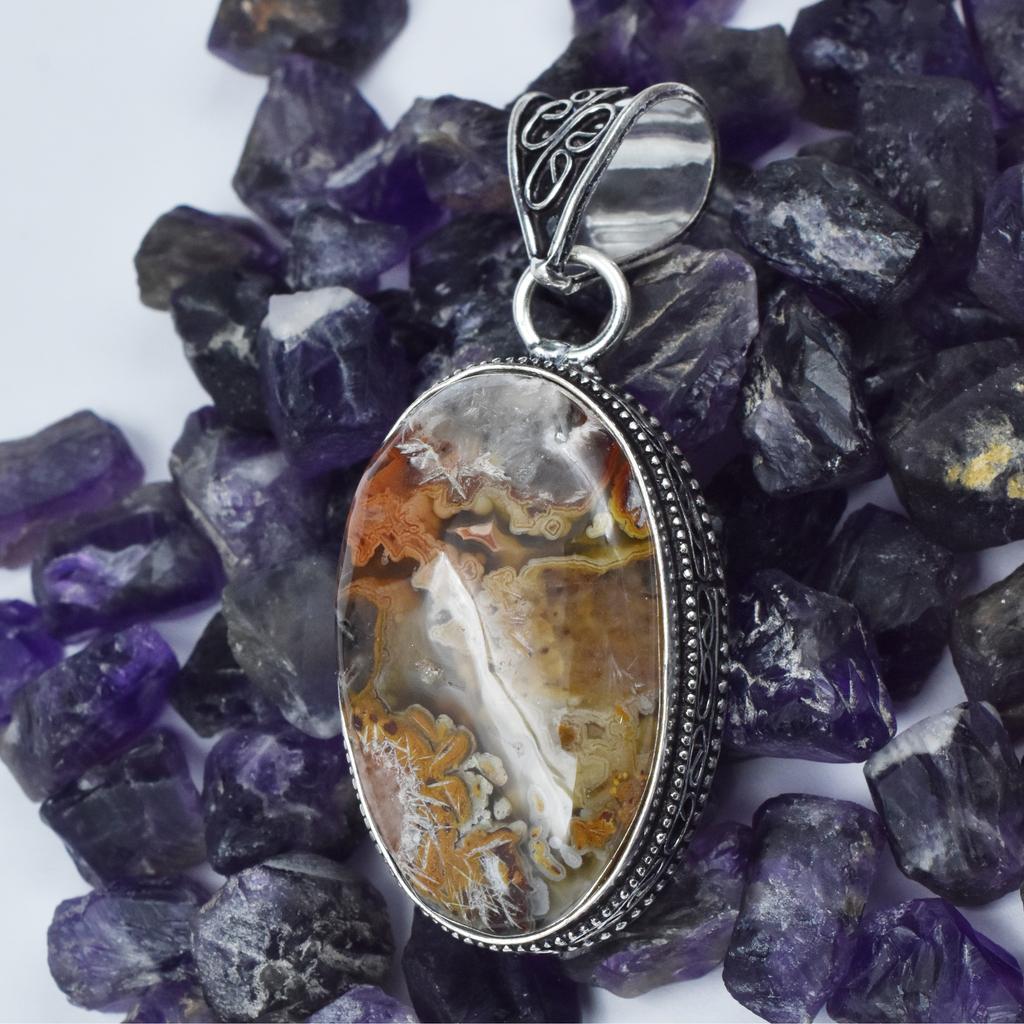 Lace agate Oval Cut 78.80 Ct Pendant Healing Stone 925 Silver Gemstone SD-01-S
