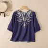 ZANZEA Ethnic Print Casual V-Neck Women 3/4 Sleeve Loose Blouse