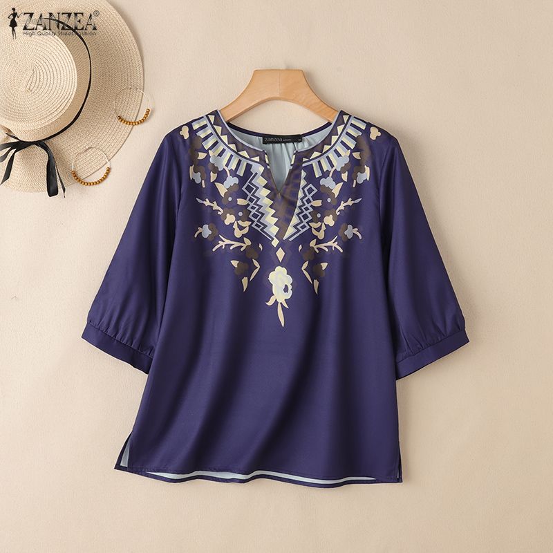 ZANZEA Ethnic Print Casual V-Neck Women 3/4 Sleeve Loose Blouse