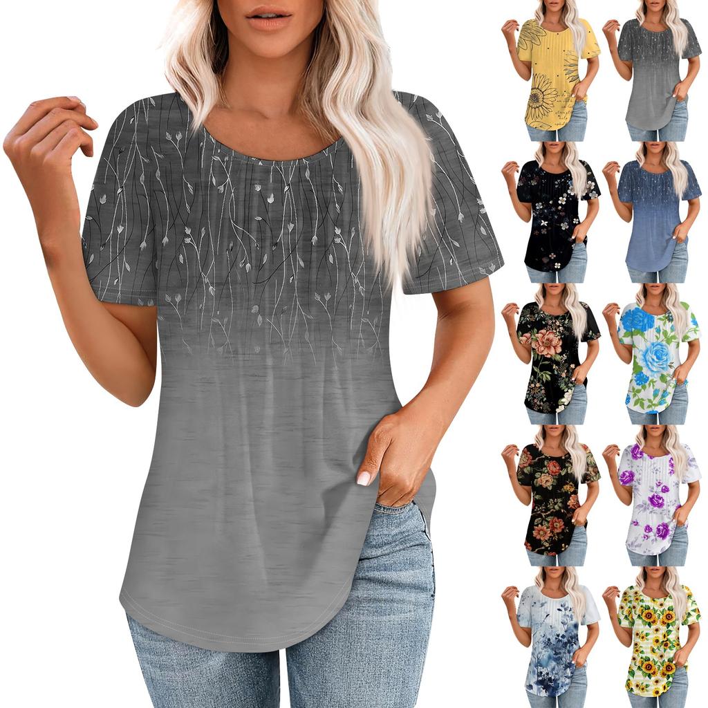 Women's Summer Fashion Casual Pleated Round Neck  Print Short Sleeve T-Shirt Top