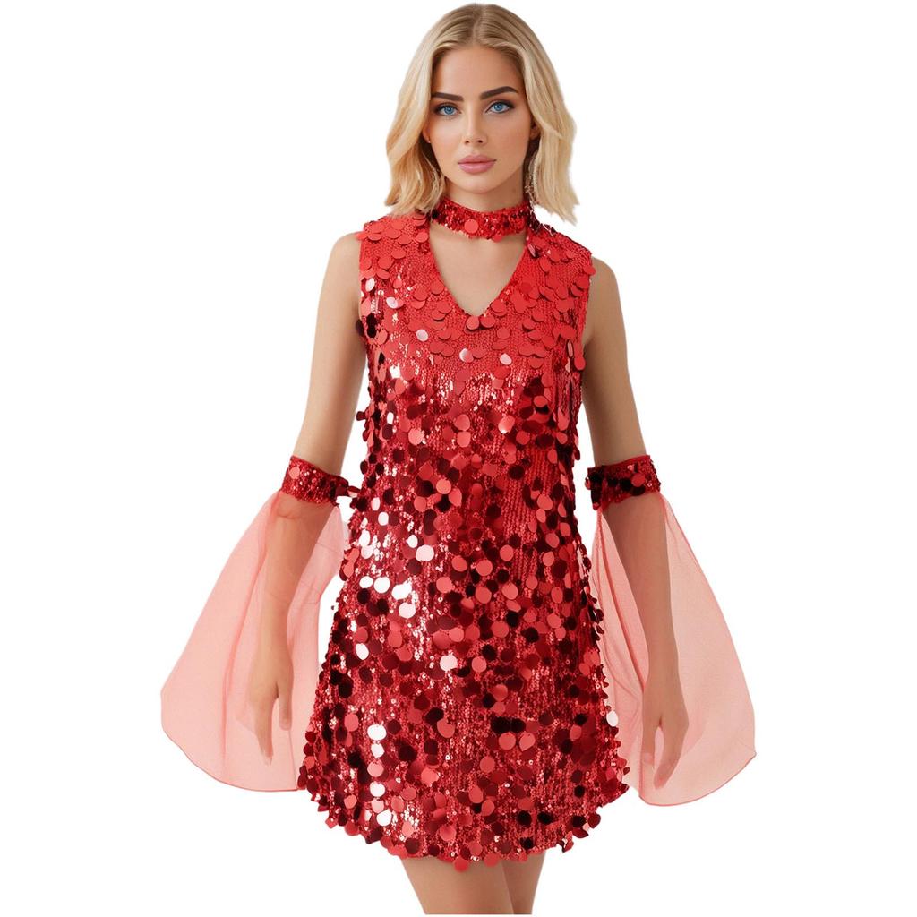 Costume Hippie Sequin da Donna per Halloween Anni '70 Disco Senza Maniche Mini Abito