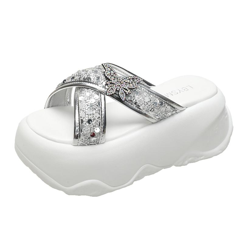 Mode 8CM Damen Klobige Hausschuhe Sommer Hohe Plateau Keile Blingbling Schuhe Frau Strand Flip Flops Dicke Sohle Sandalias Mujer