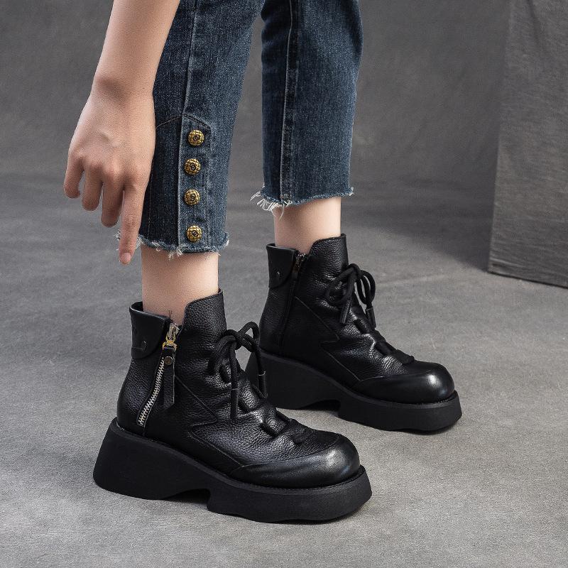 Fashion GKTINOO 2025 Echtleder Plateau Stiefel Frühling Herbst Handgefertigt Dicke Sohle Stiefeletten Schnürschuhe Runde Zehenpartie Damenschuhe
