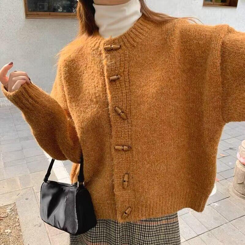 Vintage Soft Round Neck Sweater Knitted Cardigan Jacket Women Spring Autumn