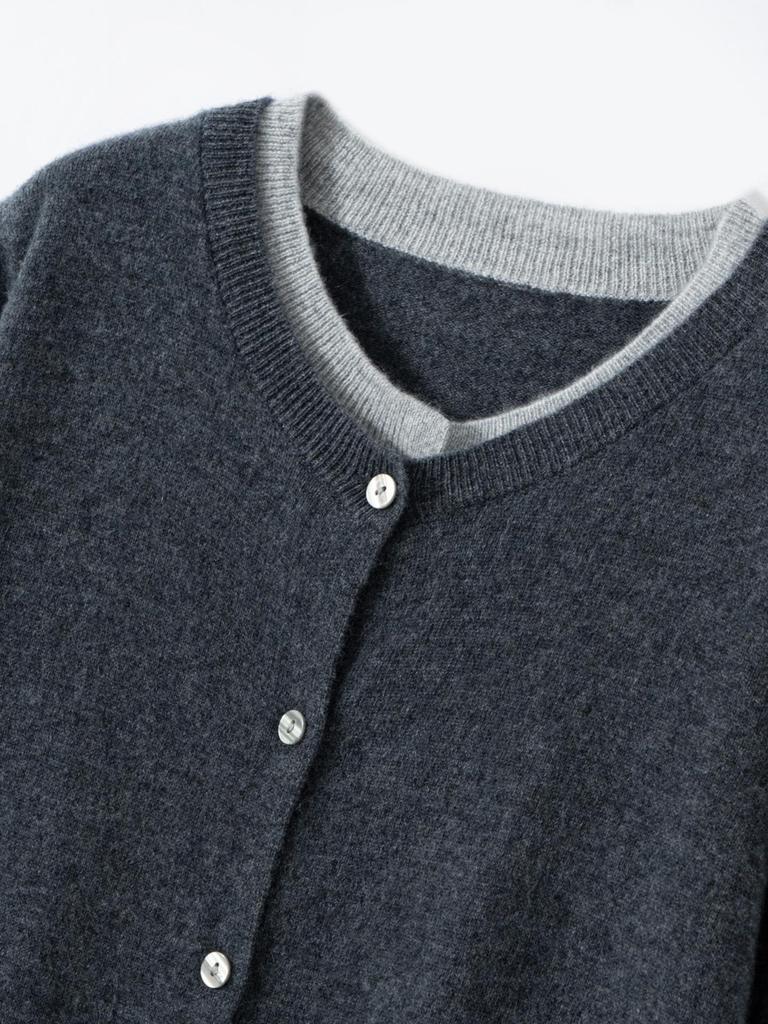 Women's Designer-Style Cashmere Cardigan: Round Neck, Color-Block, Faux Two-Piece Sweater