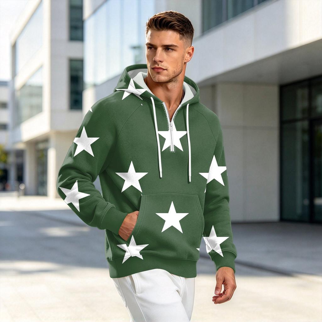 Men's Fall Print Zip-Up Hoodie, Casual Loose Fit Long Sleeve Sweatshirt Top