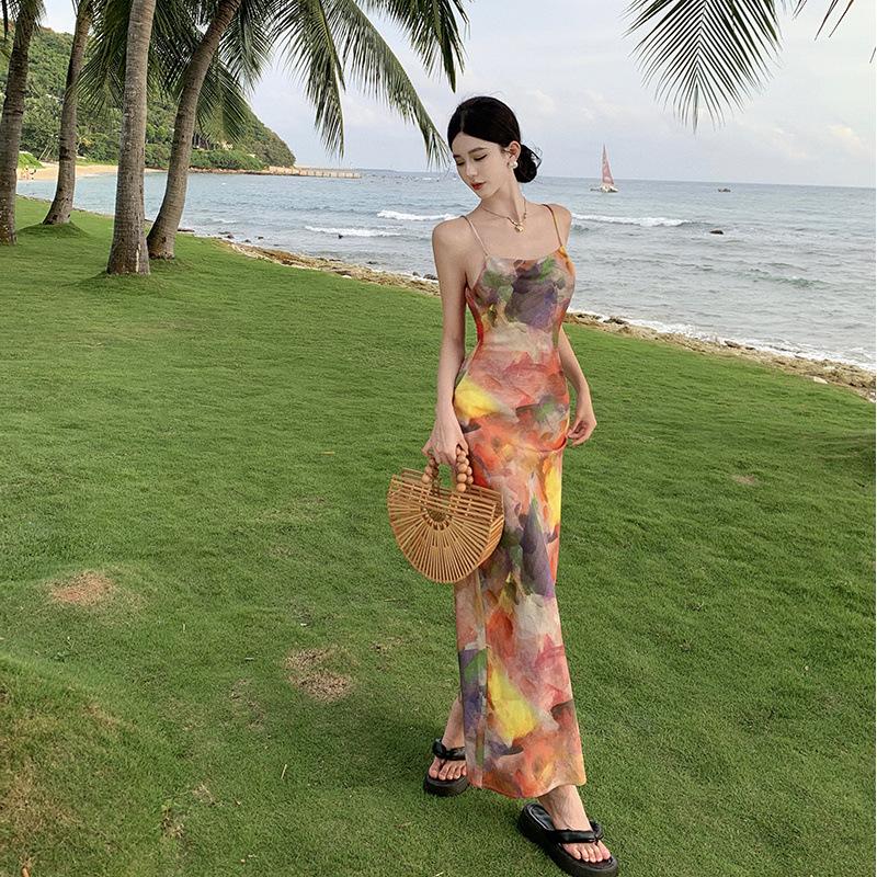Real Shot Seaside Retro Monet Oil Painting Color Suspender Dress Women's Summer Small Slim Dress