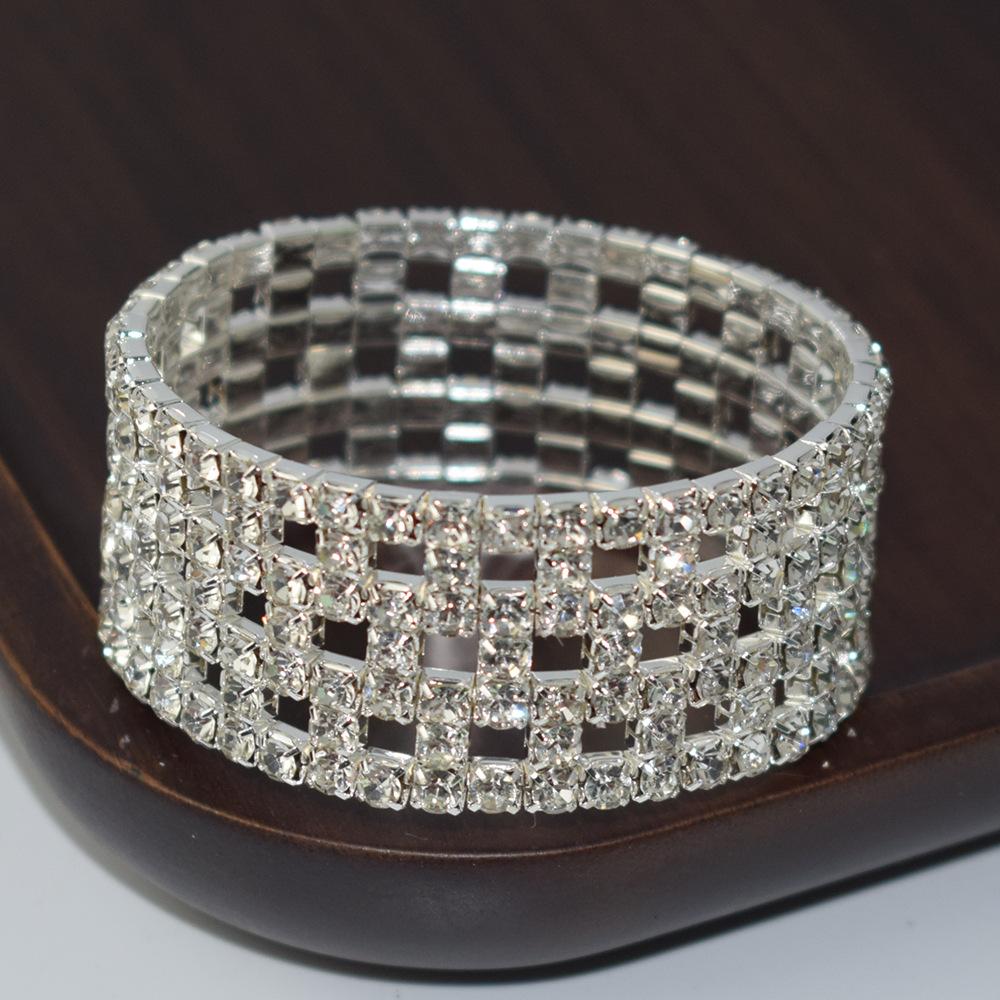 Europe and America Cross Border Fashion Multi-Layer Elastic Hollow Rubber Band Full Rhinestone Bracelet Exaggerated Wide Bangle