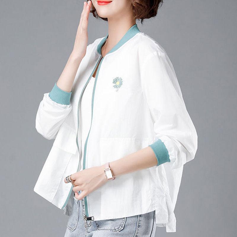 Spring Summe Thin Fashion Daisy Embroidery Coats Casual Loose All-match Women's Clothing Pockets Patchwork Korean Zipper Jackets