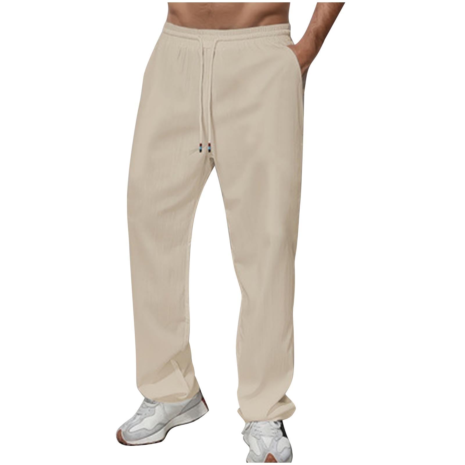 

Men s Athletic Casual Pants, Straight Leg Loose Fit Pocket Drawstring Trousers XXL бежевий
