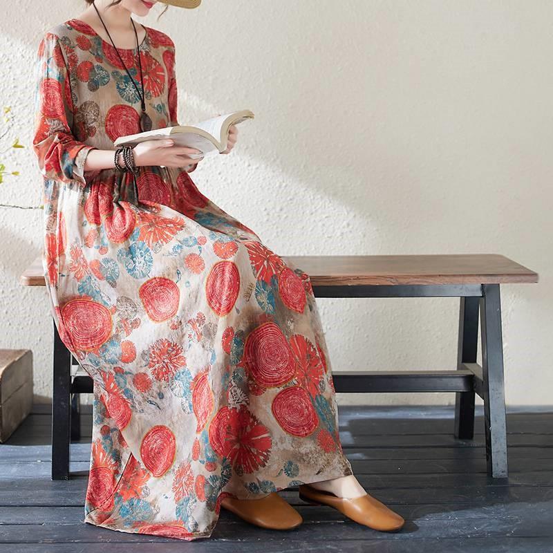 Johnature Print O-Neck Vintage Retro Dress Woman Spring Niche Long Sleeves Personality Loose Dress