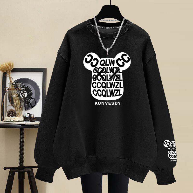 Cartoon pure cotton crew neck sweater women's 2025 autumn and winter velvet thickened casual fashion lazy wind loose large size women's clothing