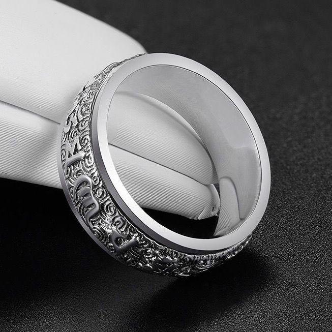 Men's Six-Character Mantra Rotatable Pinky Ring - S925 Silver, Retro, Trendy, Non-Fading, Good Luck Charm
