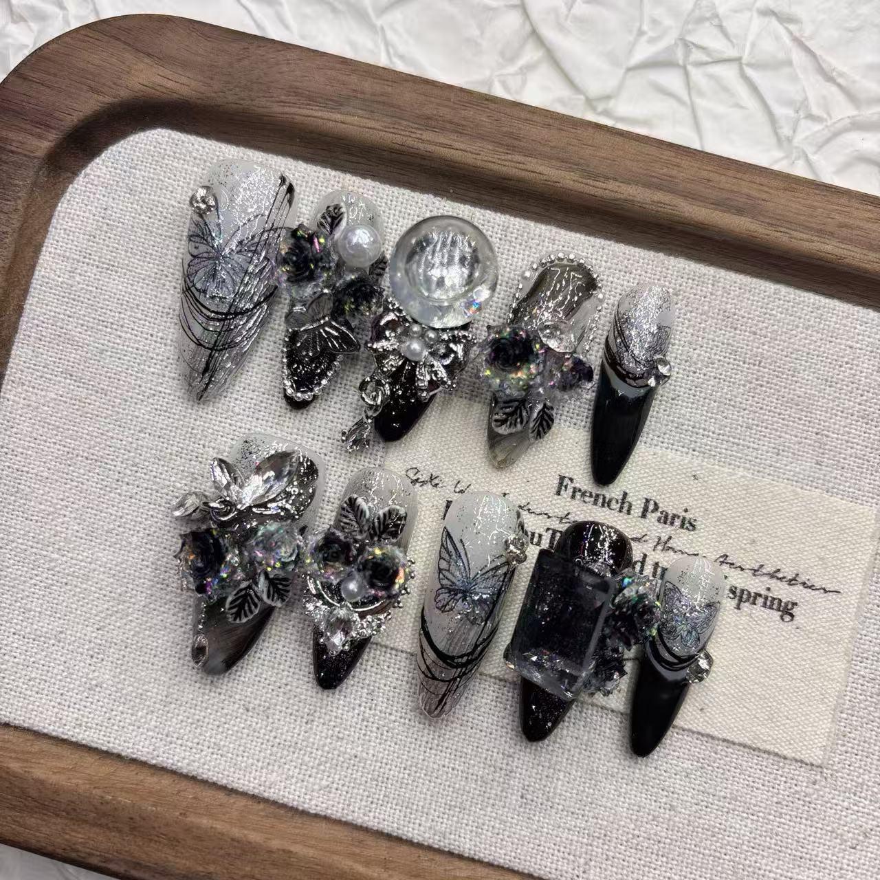 Dark Fringe Heavy Work Euro-American Style Handmade Medium-Long Pointed Fake Nails