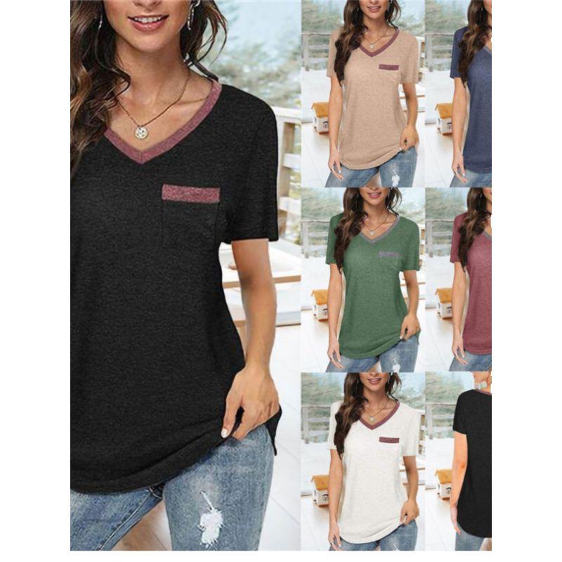 

Women s Color-Block V Neck Pocket Loose Casual Short Sleeve Burgundy S