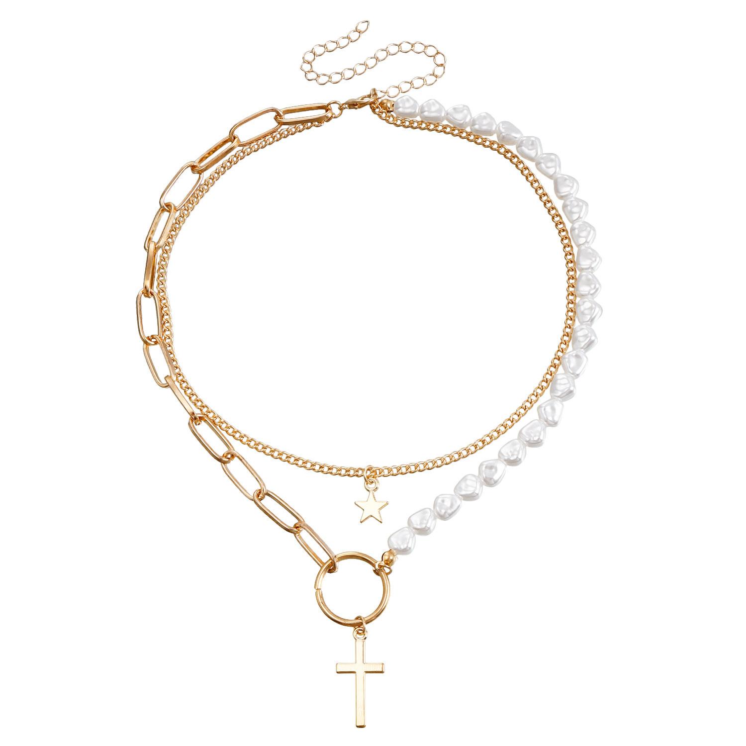 

Europe, America, retro imitation pearl splicing star necklace women, creative cross double layer stacked necklace золотий