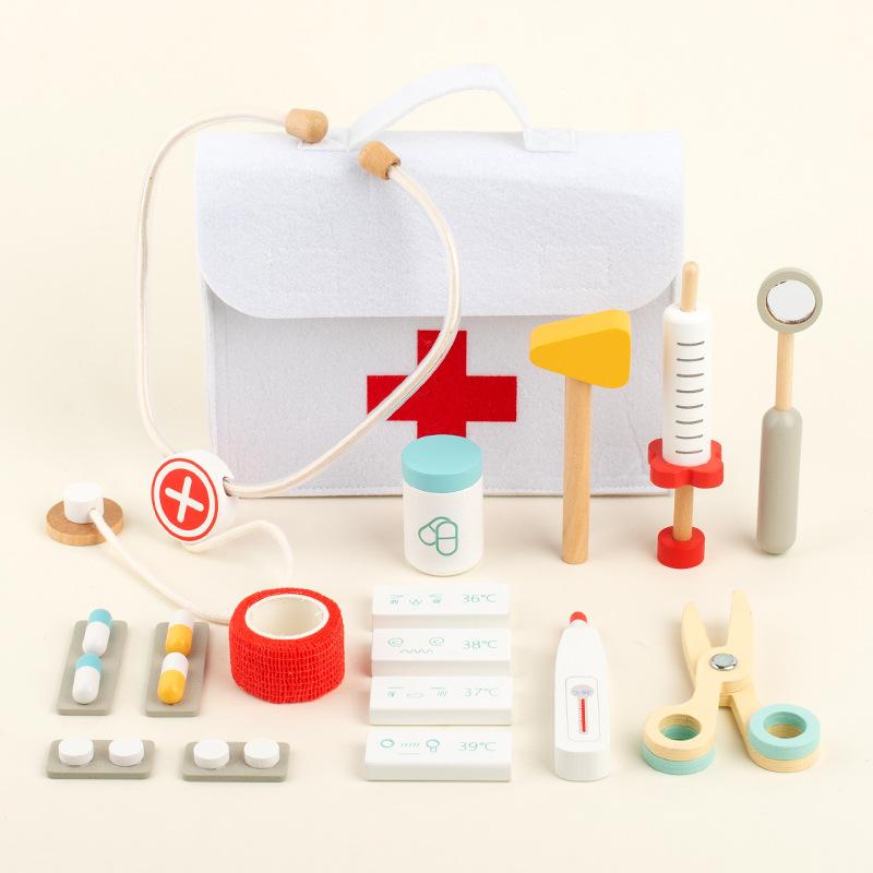 Wooden children's play house little doctor medical bag cosmetic bag simulation injection stethoscope role simulation toy