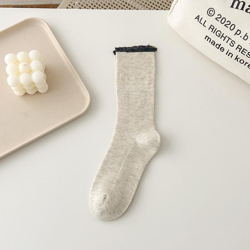 Spring and Summer Thin Lace Pile Socks, Color-blocking Mid-calf Socks, Versatile Flanged Socks, Women's Cotton Socks