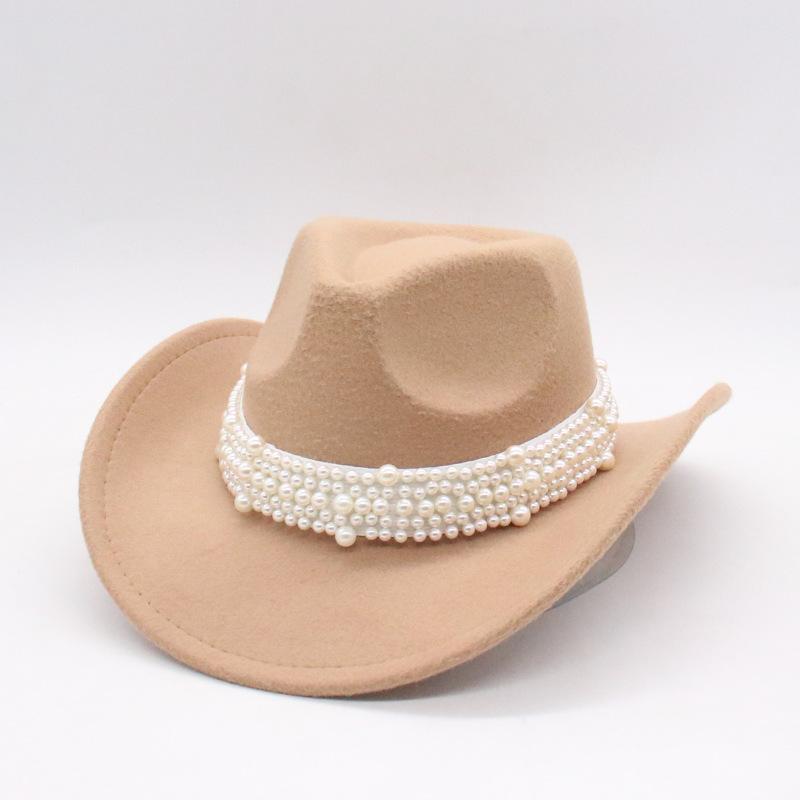 Premium Western Cowboy Hat British Elegant Jazz Hat Pearl Top Hat Big Eaves Hat Women'S Wool Hat