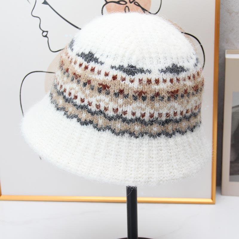 Vintage Fair Island jacquard knitted bucket hat women's autumn and winter plush warm bucket hat literary short brim basin hat