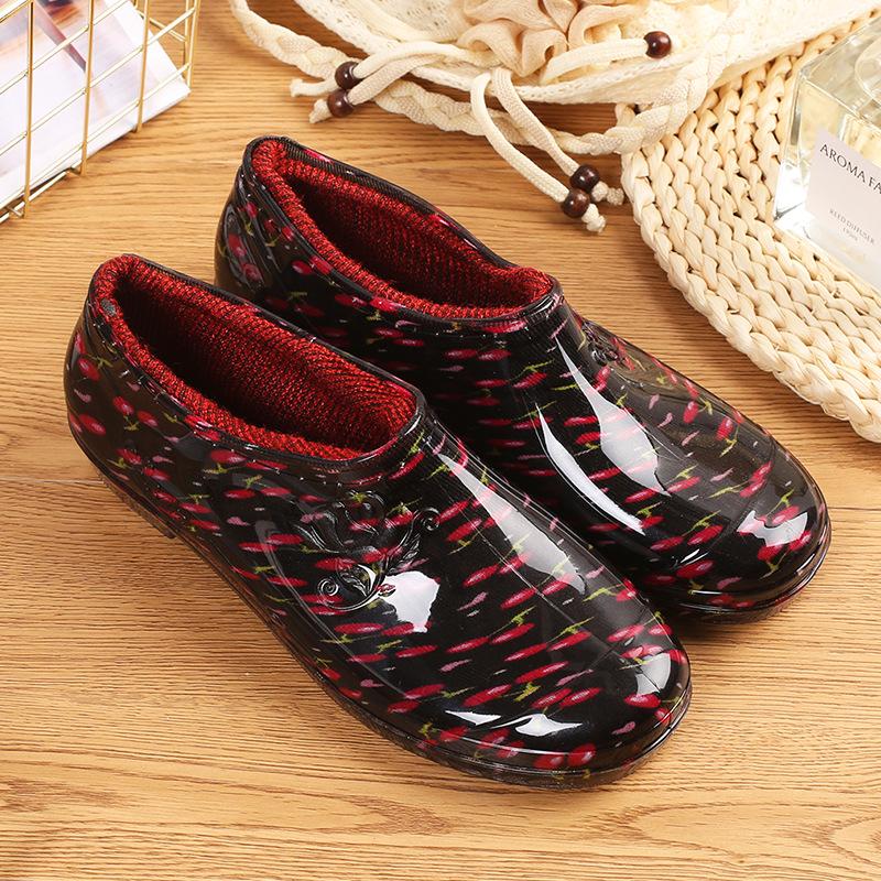 Water Shoes Low-top Shallow Rain Shoes Women's and Women's Rubber Shoes Non-slip Low Tube Plus Fixed Cotton Lint Rain Boots