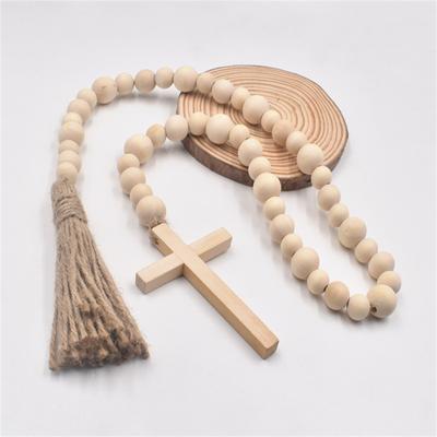 Easter Wood Bead Garlands Wood Bead Garland With Wooden Farm-house Rustic Coun-try Sign Ornament Wall Hanging Decor Beads Natural Garland Decor