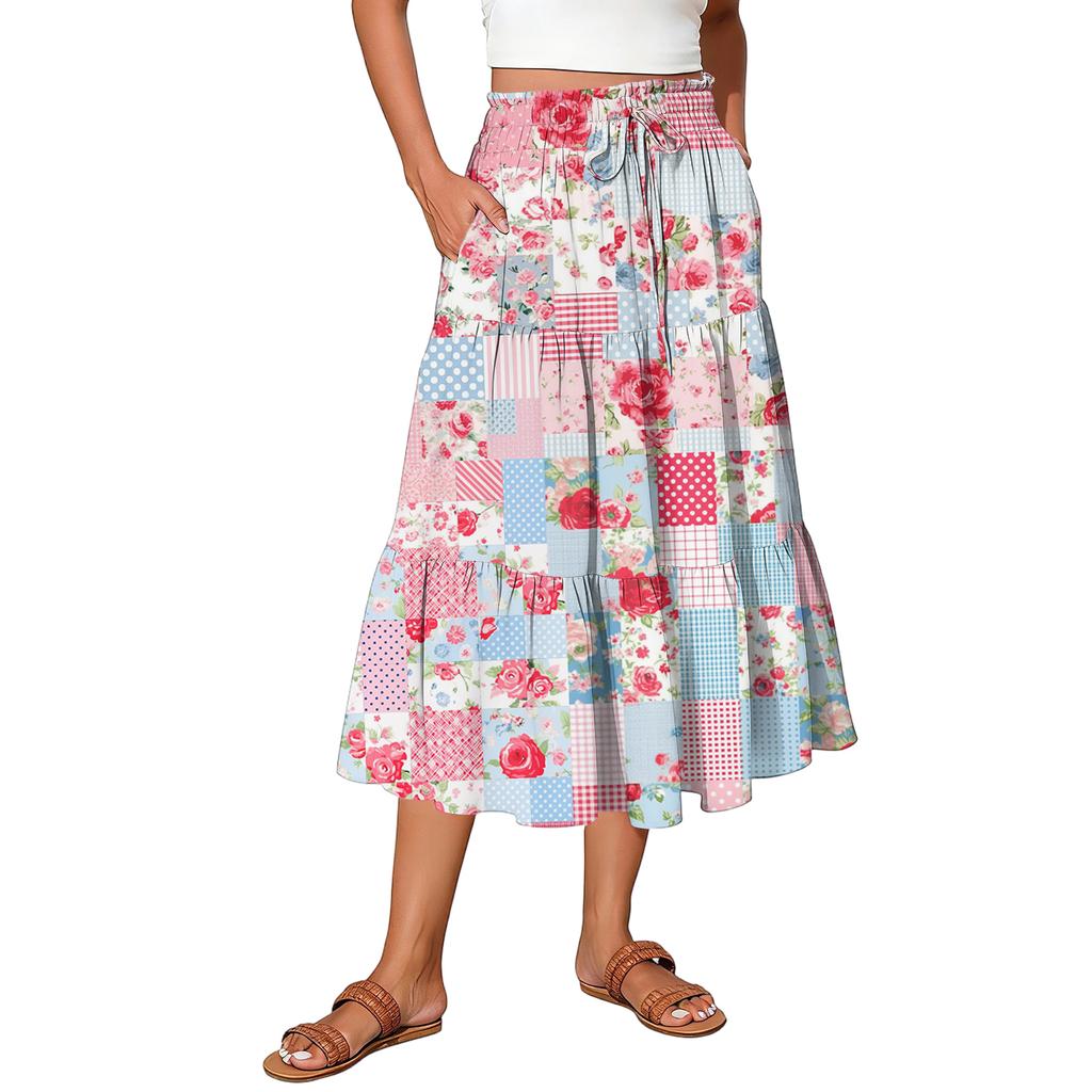 Womens Maxi Skirt Drawstring High Waisted Summer Long Skirts Lightweight Tiered Flowy Floral Pleated Skirts