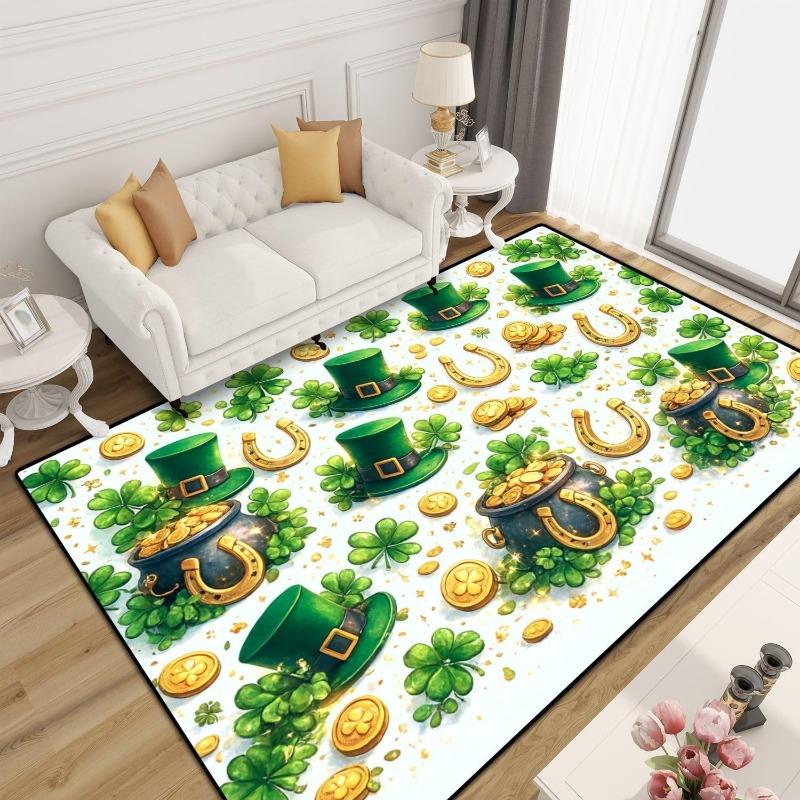 St Patricks Day Clover Rug Irish Green Shamrock Leaf Decor Carpet Holiday Home Decor Floor Mat Soft Non-Slip Living Room Mat