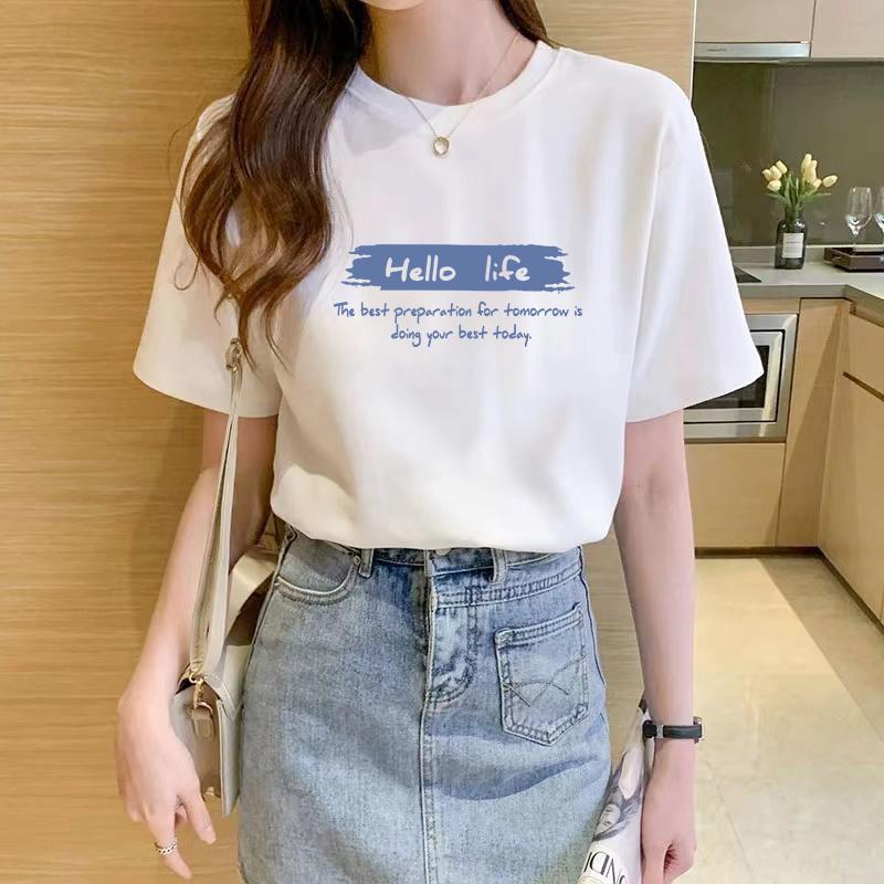 

2025 new white cotton short-sleeved t-shirt women s summer large-size women s loose letter half-sleeved crew neck top trendy S