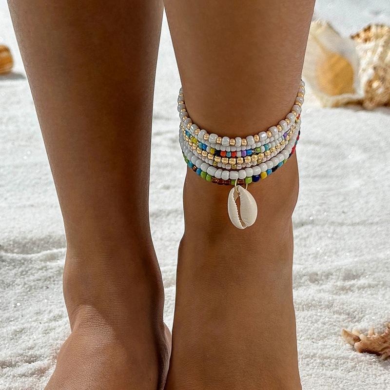 Bohemian Starfish Shell Colored Rice Bead Anklet Set, Beach Wind Starfish Beaded Feet Decoration Women