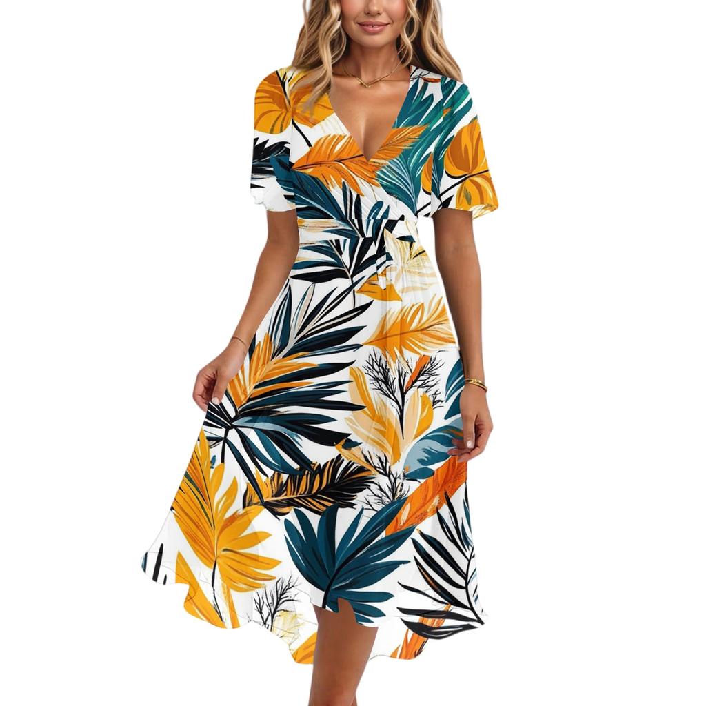 Women V Neck Short Sleeve Casual Dress Retro Floral Print Midi Dress Lightweight Summer Dress with Flared Skirt