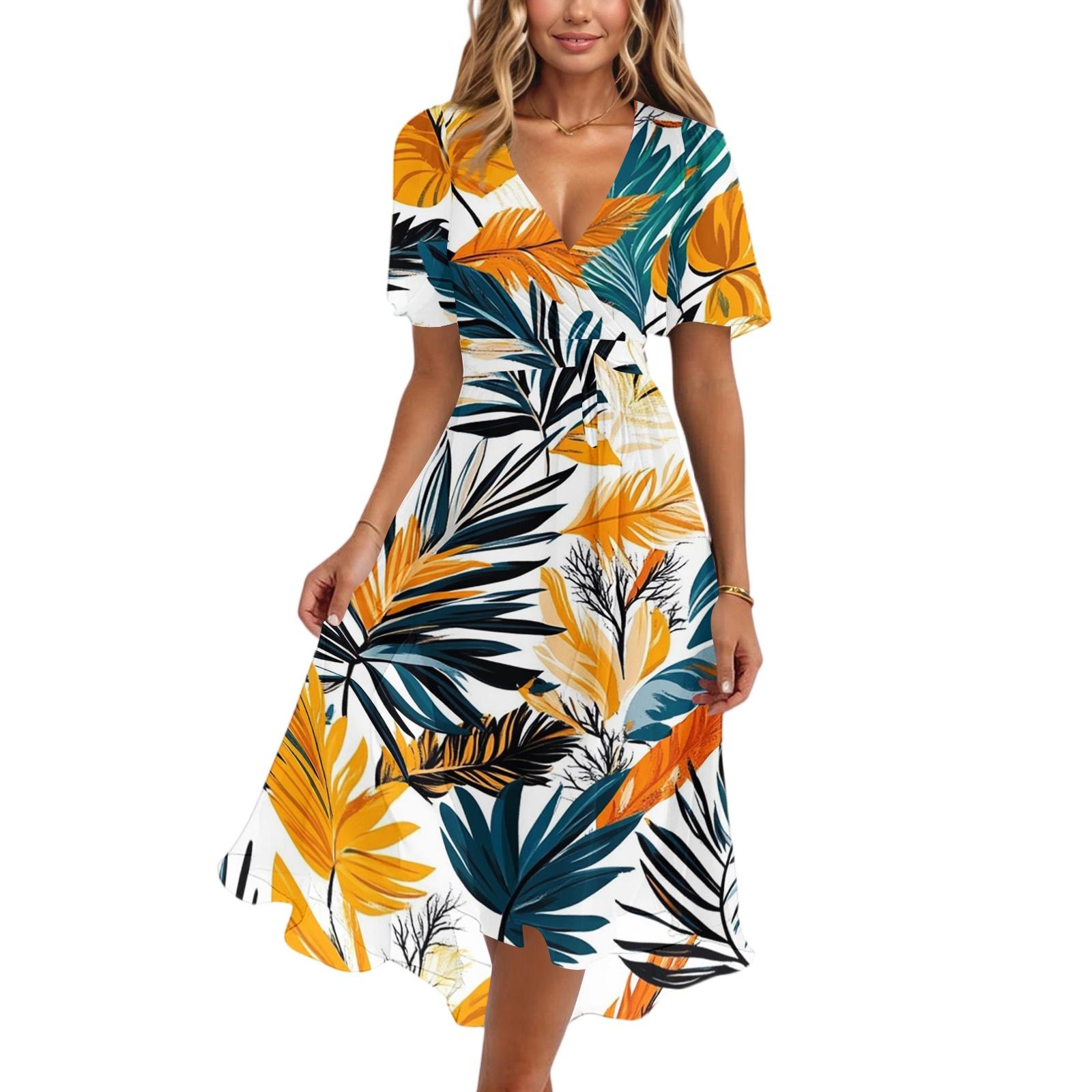 

Women V Neck Short Sleeve Casual Dress Retro Floral Print Midi Dress Lightweight Summer Dress with Flared Skirt M