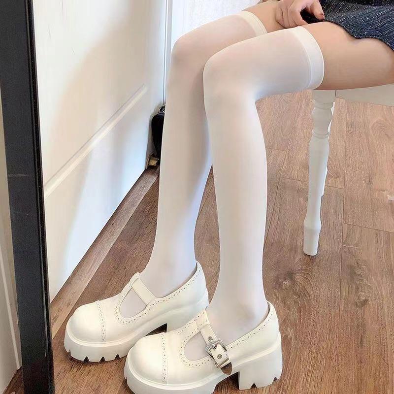 Solid Color Lolita Long Stockings JK Women Girls Cute Black White Tights Over Knee Thigh High Socks Cosplay Sexy Nylon Stockings