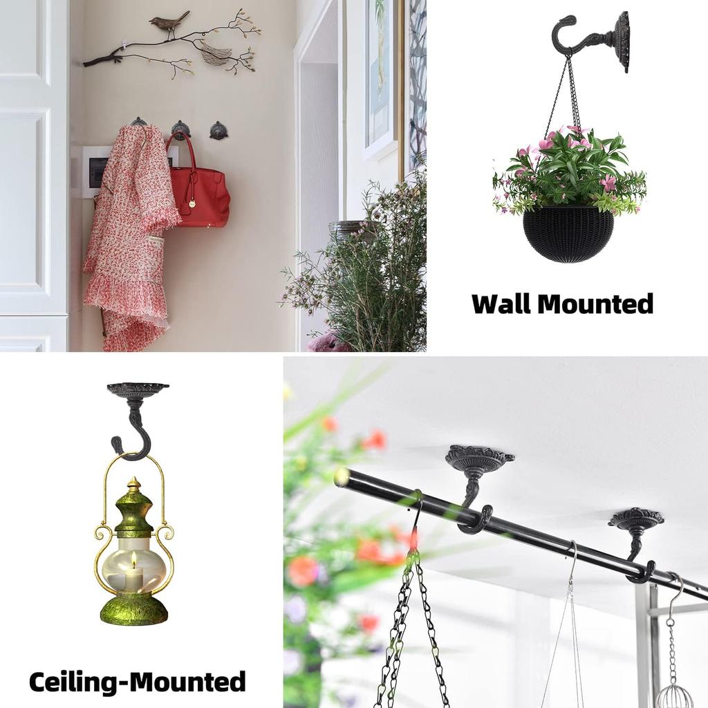 Sungmor Heavy Duty Ceiling Hooks for Hanging Plants, 2PC Black 3.5x3.9Inch Large Cast Iron Ceiling Hooks, Antique Decorative Ceiling Swag Hooks for