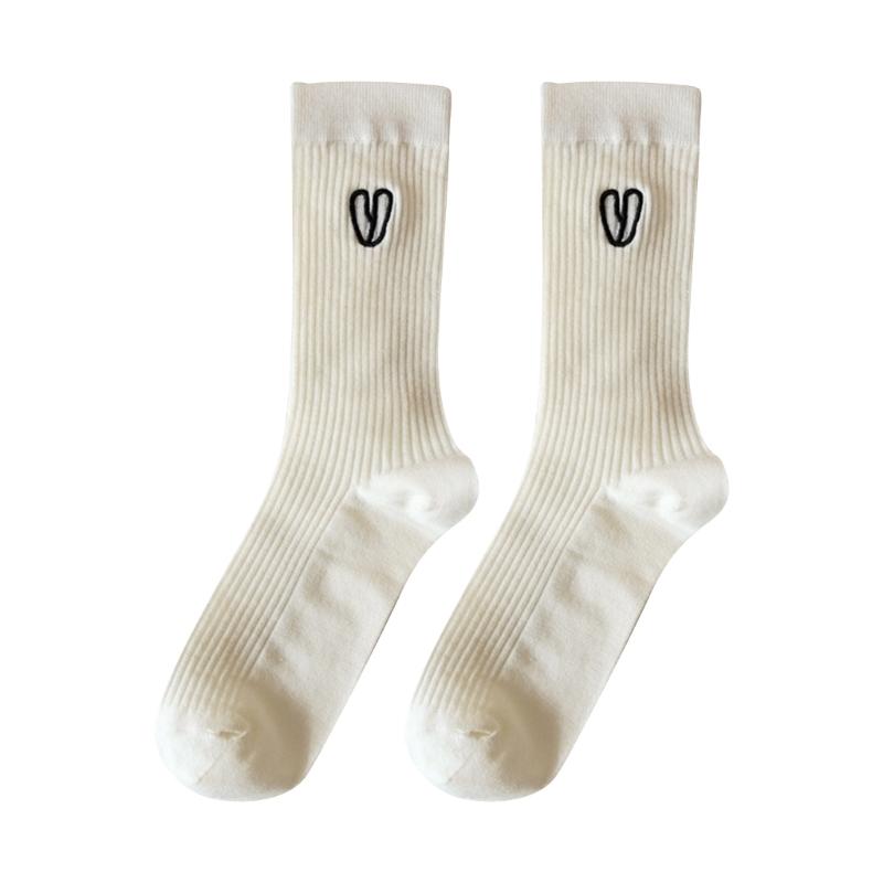 Japanese Women Girls Sweet Heart Embroidery Cotton Socks Aesthetic Solid Color Hollow Out Mesh Middle Tube Calf Socks